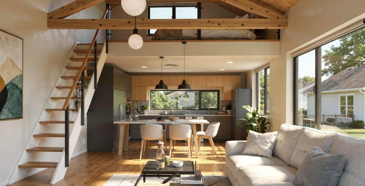 Modern detached backyard ADU interior in Dallas, TX featuring loft bedroom, open-concept kitchen, wood beam ceiling, and contemporary living space by Go ADU Dallas